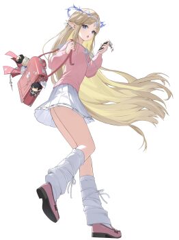 1girl absurdres alternate_costume bag bag_charm bisqqque blue_eyes cartethyia_(wuthering_waves) cellphone charm_(object) commentary flat_chest full_body highres holding holding_bag holding_phone long_hair long_pointy_ears long_sleeves looking_at_viewer looking_to_the_side male_rover_(wuthering_waves) open_mouth parted_bangs phone pink_bag pink_shirt pink_shoes pointy_ears rover_(wuthering_waves) shirt shoes sidelocks simple_background skirt smartphone socks solo tacet_mark_(wuthering_waves) turning_head white_background white_skirt white_socks wuthering_waves