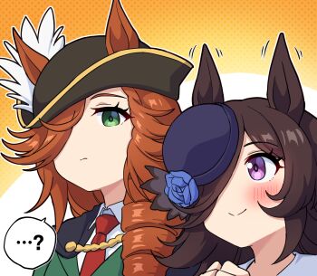 ... 2girls ? animal_ears black_hat blue_flower blue_hat blue_rose blush brown_hair closed_mouth commentary_request drill_hair ears_through_headwear flower green_eyes hair_over_one_eye hat highres horse_ears horse_girl long_hair looking_at_another multiple_girls orange_background polka_dot polka_dot_background purple_eyes rice_shower_(umamusume) rose smile takiki tilted_headwear toni_bianca_(umamusume) two-tone_background umamusume umamusume:_cinderella_gray upper_body white_background