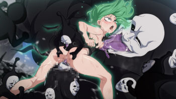 1girl breasts censored commentary english_commentary green_hair hetero highres jcm2 mosaic_censoring multiple_boys nipples one-punch_man paid_reward_available rape small_breasts tatsumaki torn_clothes
