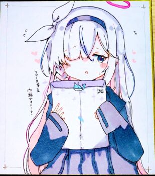 Rule 34 | 1girl, :o, black hairband, blue archive, blue eyes, blue jacket, blue skirt, blush stickers, braid, commentary request, envelope, flying sweatdrops, grey hair, hair ribbon, hairband, halo, holding, holding envelope, jacket, long hair, long sleeves, looking to the side, manila envelope, multicolored hair, open clothes, open jacket, parted lips, photo (medium), pink hair, plana (blue archive), pleated skirt, ribbon, shikishi, skirt, sleeves past fingers, sleeves past wrists, solo, te toga, traditional media, translation request, two-tone hair, very long hair, white ribbon