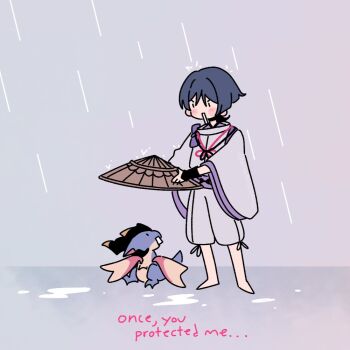 ._. 1boy aracanthus38633 armor barefoot black_eyes black_hair blunt_ends brown_hat clothing_cutout commentary dragon english_commentary english_text genshin_impact grey_background hat japanese_armor japanese_clothes kariginu kote kurokote layered_sleeves looking_down male_focus mini_durin_(dragon)_(genshin_impact) mini_durin_(genshin_impact) open_mouth outdoors pants purple_sash purple_sleeves rain rectangular_mouth sash scaramouche_(genshin_impact) scaramouche_(kabukimono)_(genshin_impact) shoulder_cutout small_dragon standing straw_hat string tasuki white_mouth white_pants white_sleeves wide_sleeves wispy_bangs