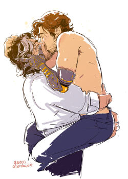 Rule 34 | 2boys, armpit hair, beard, black hair, blue pants, brown hair, carrying, carrying person, clair obscur: expedition 33, closed eyes, commentary, cropped legs, english commentary, facial hair, from side, grey hair, gustave (clair obscur: expedition 33), hand on another's face, hand on another's head, highres, kiss, male focus, multicolored hair, multiple boys, pants, profile, prosthesis, prosthetic arm, queenstardust2, shirt, streaked hair, topless male, verso (clair obscur: expedition 33), white background, white shirt, yaoi