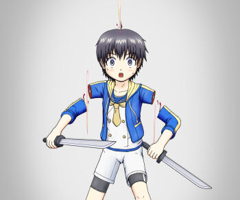 1boy :o ahoge amputated_arm amputation amputee blood blood_splatter blue_hoodie dagger disembodied_arm fighting grey_eyes guro holding holding_dagger holding_knife holding_weapon hood hoodie knife male male_focus necktie original school_uniform serafuku severed severed_arm severed_limb shorts shota silver_hair siritotechin weapon