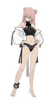 1girl alternate_costume barefoot bikini closed_mouth earrings feet fingernails full_body hair_between_eyes hashtag-only_commentary highres jewelry long_hair looking_at_viewer nail_polish navel pink_eyes pink_hair sidelocks simple_background smile solo standing stomach sunglasses swimsuit toenails toes tsukishiro_yanagi user_cxsr8755 white_background zenless_zone_zero