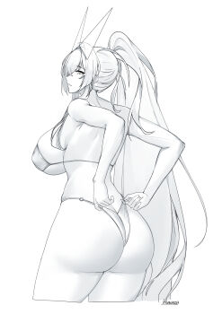 1girl absurdres alternate_costume artist_name ass azur_lane bikini bikini_bottom_pull breasts clothes_pull eyewear_on_head from_side greyscale hair_between_eyes hair_intakes highres huge_ass irkawaza large_breasts long_hair monochrome new_jersey_(azur_lane) new_jersey_(midsummer_leisure)_(azur_lane) o-ring o-ring_bikini_bottom official_alternate_costume ponytail sideboob sidelocks signature simple_background solo sunglasses swimsuit thighs very_long_hair white_background
