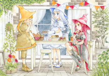 3girls boots chiori_n colored_pencil_(medium) commentary_request cupcake dress flower food full_body gerbera hat highres long_hair multiple_girls orange_hair original pie plant potted_plant red_eyes red_hair sitting smile table traditional_media twintails white_eyes white_hair witch witch_hat