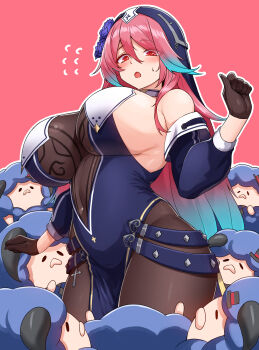 1girl absurdres aqua_hair bare_shoulders black_gloves black_pantyhose blue_dress blue_veil blush bodystocking breast_curtains breasts cho!cho! commentary covered_groin covered_navel cross detached_sleeves dress english_commentary flower flying_sweatdrops from_below gloves gold_trim gradient_hair hair_between_eyes hand_up highres indie_virtual_youtuber large_breasts long_hair long_sleeves looking_at_viewer multicolored_hair nun open_mouth pantyhose pelvic_curtain pink_background pink_hair purple_flower purple_rose red_eyes rose rosetta_(vtuber) see-through_clothes see-through_dress sheep sideboob solo strap sweatdrop veil very_long_hair virtual_youtuber white_trim