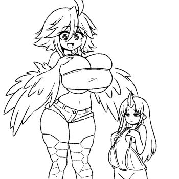 2girls ahoge alternate_breast_size_(larger) alternate_breast_size_(smaller) bare_shoulders bird_legs body_size_switch breasts cleavage commentary convenient_censoring cutoffs denim denim_shorts english_commentary feathered_wings greyscale hair_between_eyes harpy horns huge_breasts ink_(inksgirls) long_hair midriff monochrome monster_girl monster_musume_no_iru_nichijou multiple_girls navel oni open_mouth papi_(monster_musume) pointy_ears short_hair shorts single_horn small_breasts tionishia wardrobe_malfunction winged_arms wings