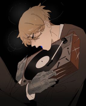 1boy blonde_hair blue_tongue breath brown_coat coat colored_extremities colored_tongue crossed_arms curled_up elliot_(par0llel) feet_out_of_frame highres male_focus open_mouth original par0llel phonograph shirt short_hair solo turntable vinyl_record white_shirt