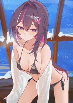 1girl alternate_costume asymmetrical_sidelocks azki_(hololive) bikini black_bikini black_hair braid breasts chanel cleavage collarbone colored_inner_hair double-parted_bangs hair_between_eyes hair_intakes hair_ornament hairclip half_up_braid highres hololive jacket long_hair looking_at_viewer medium_breasts mole mole_under_eye multicolored_hair off_shoulder pink_hair pink_streaks purple_eyes rifufu side-tie_bikini_bottom sidelocks solo streaked_hair string_bikini swimsuit very_long_hair virtual_youtuber white_jacket white_streaks