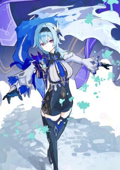1girl black_boots black_gloves black_hairband blue_cape blue_hair blue_necktie boots breasts cape commentary crossed_legs eula_(genshin_impact) floating_cape genshin_impact gloves hair_ornament hairband high-waist_shorts highres large_breasts light_particles looking_at_viewer medium_hair necktie outstretched_arms purple_eyes schop shorts side_cape smile solo symbol-only_commentary thigh_boots vision_(genshin_impact) watson_cross white_sleeves wide_sleeves
