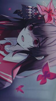 1girl black_hair bug butterfly crying crying_with_eyes_open despair empty_eyes flower gradient_background hair_flower hair_ornament highres insect long_hair mahou_shoujo_no_majo_saiban necktie nikaido_hiro open_mouth red_butterfly red_eyes red_flower red_necktie ritzchrono shaded_face sideways solo surprised tears upper_body