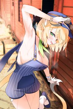1girl absurdres animal_ears armpits blonde_hair blue_overalls blush boxcar breasts cleavage dooby dooby_(1st_costume) freight_train gloves goggles goggles_on_headwear green_eyes gurumie hat highres indie_virtual_youtuber large_breasts looking_at_viewer mole mole_on_thigh mouse_ears mouse_girl mouse_tail naked_overalls overalls railroad_tracks revision short_eyebrows short_hair solo strapless sweat tail thick_eyebrows train tube_top virtual_youtuber white_gloves