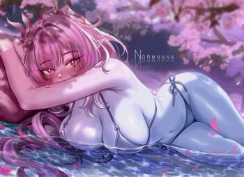 1girl artist_name bikini blush breasts cherry_blossoms cleavage commentary cyrene_(honkai:_star_rail) cyrene_(ripples_of_past_reverie)_(honkai:_star_rail) english_commentary flower grey_bikini hair_flower hair_ornament highres honkai:_star_rail honkai_(series) large_breasts long_hair lying navel normnnna on_side pink_hair pointy_ears purple_eyes solo stomach swimsuit thighs very_long_hair water