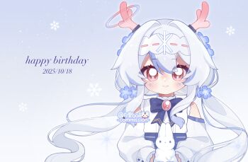 Rule 34 | 1girl, animal, artist name, baili (mhs 1830189), bare shoulders, blue bow, blue bowtie, blush, bow, bowtie, closed mouth, commission, dated, detached sleeves, dot nose, double-parted bangs, hair between eyes, hair intakes, hairband, happy birthday, highres, holding, holding animal, horns, long hair, long sleeves, looking at viewer, low twintails, original, rabbit, red eyes, red horns, shirt, sleeveless, sleeveless shirt, smile, snowflakes, solo, twintails, upper body, white hair, white hairband, white shirt, white sleeves