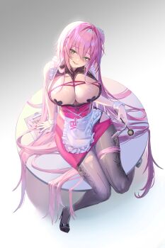 Rule 34 | 1girl, aile (crossroads), apron, black pantyhose, breasts, cleavage, commentary, dress, goddess of victory: nikke, green eyes, heart pasties, high heels, highres, holding, large breasts, licking lips, long hair, looking at viewer, maid, maid apron, maid headdress, mimikaki, mole, mole under eye, notepad, pantyhose, pasties, pink dress, pink hair, pink nails, sitting, solo, tongue, tongue out, torn clothes, torn pantyhose, velvet (nikke), very long hair