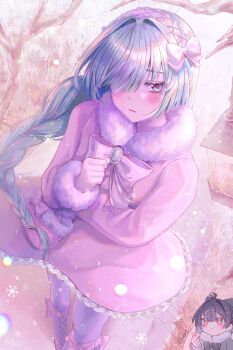 Rule 34 | 2girls, absurdres, alternate costume, alternate hairstyle, bandage over one eye, blush, bow, bowtie, braid, closed mouth, commentary request, dress, female rover (wuthering waves), grey eyes, hair bow, hairband, hand up, highres, long hair, long sleeves, looking at viewer, low-braided long hair, low-tied long hair, multicolored hair, multiple girls, pantyhose, phrolova (wuthering waves), pink bow, pink bowtie, pink dress, purple pantyhose, rover (wuthering waves), shikuwata, solo focus, streaked hair, thumbs up, wuthering waves