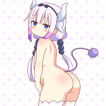 1girl absurdres ass blue_eyes blush buruberi completely_nude dragon_girl dragon_horns flat_chest hair_ornament hairband highres horns kanna_kamui kobayashi-san_chi_no_maidragon legs loli looking_at_viewer looking_back nipples nude solo standing stomach tail thighhighs thighs twintails white_thighhighs