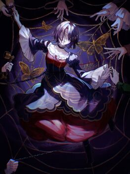 1girl 6+others :o arm_up bandages bandages_over_eyes black_choker black_dress black_hair black_shoes bug butterfly chain choker collarbone dress facing_viewer frilled_choker frills highres holding insect long_sleeves multiple_others open_mouth outstretched_hand red_dress ryuh_(asahina_neru) shoes short_hair silk solo_focus spider_web umineko_no_naku_koro_ni wide_sleeves yasu_(umineko)