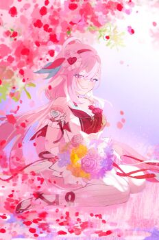 1girl bare_shoulders beret breasts commentary diamond-shaped_pupils diamond_(shape) dress elf elysia_(hi_love_elf)_(honkai_impact) elysia_(honkai_impact) english_commentary falling_petals hat highres honkai_(series) honkai_impact_3rd large_breasts long_hair looking_at_viewer petals pink_hair pointy_ears purple_eyes red_dress reunenono smile solo symbol-shaped_pupils thighhighs very_long_hair white_dress white_thighhighs