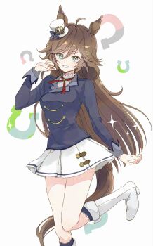 1girl ahoge alternate_costume animal_ears blue_shirt boots bow breasts brown_hair grin hair_between_eyes hat high_heel_boots high_heels highres horse_ears horse_girl horse_tail horseshoe knee_boots long_hair long_sleeves looking_at_viewer mini_hat mini_top_hat mr._c.b._(umamusume) open_mouth red_bow shirt skirt smile star_(symbol) tail top_hat umamusume white_boots white_hat white_skirt yoiisand