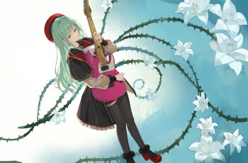 absurdres ascot bang_dream! bang_dream!_it's_mygo!!!!! beret black_pantyhose black_skirt brooch chenmu_sora commentary_request earrings electric_guitar flower full_body gem green_gem green_hair guitar hat highres holding holding_guitar holding_instrument instrument jewelry long_hair long_sleeves mortis_(bang_dream!) mortis_(costume)_(bang_dream!) overskirt pantyhose puffy_long_sleeves puffy_sleeves red_hat red_shoes shoes skirt teardrop_earrings thorns wakaba_mutsumi white_ascot white_flower yellow_eyes