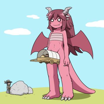 behind_cover black_hair blush_stickers book bottomless carriage claws cloud dragon dragons_fucking_cars_(meme) fang hat implied_erection meme original outdoors pink_fur pink_hair pink_wings rock sarashi shadow shirosato standing taking_notes western_dragon what wings