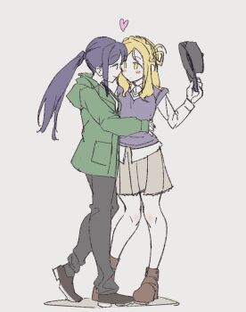 2girls black_hat black_pants black_shoes blonde_hair blush braid brown_shoes closed_mouth commentary crown_braid green_jacket grey_background grey_skirt hair_rings hand_on_another&#039;s_waist hat heart highres holding holding_unworn_clothes holding_unworn_hat jacket long_hair looking_at_another love_live! love_live!_sunshine!! matsuura_kanan multiple_girls ohara_mari pants ponytail purple_hair purple_sweater_vest sansensui shirt shoes simple_background single_hair_ring skirt smile sweater_vest symbol-only_commentary unworn_hat unworn_headwear white_shirt yellow_eyes yuri