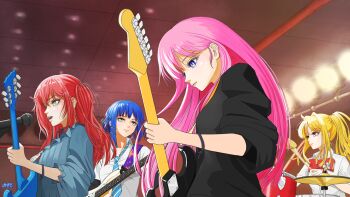 4girls absurdres aegyo_sal aged_up bass_guitar black_shirt blonde_hair blue_choker blue_dress blue_eyes blue_necktie bocchi_the_rock! bow bowtie cable_tie choker closed_mouth collared_shirt commentary_request diagonal-striped_clothes diagonal-striped_necktie dress dress_shirt drum drum_set electric_guitar floating_hair gotoh_hitori green_eyes guitar guitar_strap hair_between_eyes hair_ornament hairclip highres holding holding_guitar holding_instrument ijichi_nijika indoors instrument kessoku_band kita_ikuyo layered_sleeves long_hair long_sleeves microphone mole mole_under_eye multiple_girls necktie one_side_up open_mouth parallel_hairclips pink_hair playing_drum red_bow red_bowtie red_eyes red_hair ribbon_choker shirt short_over_long_sleeves short_sleeves side_ponytail sidelocks smear_frame striped_clothes teeth three-quarter_sleeves tomoyaku upper_body upper_teeth_only white_shirt yamada_ryo yellow_eyes