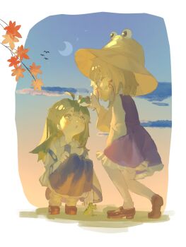 2girls :o aged_down bare_shoulders blonde_hair blue_skirt blush brown_shoes cloud commentary_request crescent_moon detached_sleeves dress fish_zeratin frog frog_hair_ornament green_eyes green_hair hair_ornament highres kochiya_sanae leaf long_hair long_sleeves maple_leaf medium_hair moon moriya_suwako multiple_girls parted_lips purple_dress pyonta shirt shoes skirt sleeveless sleeveless_shirt smile socks squatting thighhighs touhou twilight white_shirt white_socks white_thighhighs