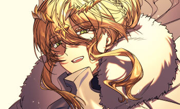 1girl armor artoria_pendragon_(fate) artoria_pendragon_(lancer)_(fate) blonde_hair braid crown ears fate/grand_order fate_(series) fur_trim green_eyes highres medium_hair sattari simple_background smile