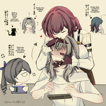 5girls anger_vein black_hairband blush cat cellphone character_request closed_eyes closed_mouth commentary dropping elio_(honkai:_star_rail) english_text firefly_(honkai:_star_rail) food gloves grey_hair hairband hand_on_another&#039;s_face hashtag-only_commentary holding holding_phone honkai:_star_rail honkai_(series) kafka_(honkai:_star_rail) long_hair multiple_girls phone pocky pocky_day pocky_kiss red_eyes red_gloves shared_food shirt silver_wolf_(honkai:_star_rail) smartphone stelle_(honkai:_star_rail) trailblazer_(honkai:_star_rail) translation_request white_shirt yuri zukinie