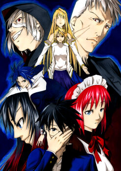 2008 3boys 5girls apron archetype_earth arcueid_brunestud arms_at_sides bandage_on_face bandages bare_shoulders black_hair black_hoodie black_keys_(type-moon) blonde_hair blue_eyes blue_hair blue_skirt breasts ciel_(tsukihime) closed_eyes coat commentary_request detached_sleeves dress dual_persona everyone evil_grin evil_smile expressionless fang fighting_stance floating_hair glass glasses gold_trim grey_hair grin hairband hand_on_own_face hisui_(tsukihime) hood hoodie kohuseigetsu long_hair looking_at_viewer maid maid_apron maid_headdress medium_hair michael_roa_valdamjong multiple_boys multiple_girls nrvnqsr_chaos nun official_alternate_costume open_clothes open_coat purple_skirt red_eyes red_hair ribbon school_uniform shirt short_hair skirt smile smug standing sweater tohno_akiha tohno_shiki tohno_shiki_(2) tsukihime tunic turtleneck turtleneck_sweater vampire white_dress white_hair white_shirt white_sweater wing_collar
