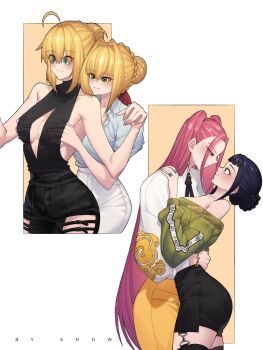 4girls ahoge arm_around_waist artoria_pendragon_(fate) black_dress black_hair blonde_hair blue_shirt blush braid braided_bun breasts bun_with_braided_base cleavage cleavage_cutout clothing_cutout commentary dress eye_contact fate/grand_order fate_(series) grabbing_another's_breast grabbing_from_behind green_eyes groping hair_bun hair_intakes hand_under_clothes hashtag-only_commentary high-waist_pants highres kpop_demon_hunters looking_at_another mira_(kpop_demon_hunters) multiple_girls narrow_waist nero_claudius_(fate) off-shoulder_jacket off_shoulder pants pink_hair saber_(fate) shirt sideboob single_hair_bun suhyeon two_side_up white_pants yuri zoey_(kpop_demon_hunters)