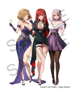 3girls anis_(nikke) brown_hair full_body goddess_of_victory:_nikke grey_hair highres multiple_girls neon_(nikke) official_alternate_design official_alternate_hair_color official_art pantyhose rapi_(nikke) rapi_(red_hood)_(nikke) red_hair sample_watermark simple_background uz_(uzru0428) watermark white_background