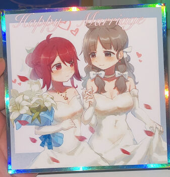 Rule 34 | 2girls, blush, bouquet, bow, breasts, bride, brown eyes, brown hair, choker, cleavage, closed mouth, commentary request, dress, earrings, elbow gloves, female focus, flower, gloves, heart, highres, himuro lavi, jewelry, kui kui jiang, looking at another, magia record: mahou shoujo madoka magica gaiden, mahou shoujo madoka magica, matching hair/eyes, multiple girls, necklace, petals, photo (medium), red eyes, red hair, satomi nayuta, smile, wedding dress, white bow, white choker, white dress, white gloves, wife and wife, yuri