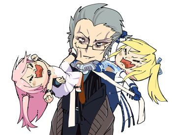 Rule 34 | 1boy, 2girls, action taimanin, age difference, blonde hair, blue bodysuit, bodysuit, carrying, carrying person, clenched hands, closed eyes, clothes pull, crying, demon girl, disgust, dress, edwin black, expressionless, father and daughter, felicia (taimanin kurenai), grabbing another's hair, grey hair, hair ribbon, holding another's hair, jacket, jacket pull, long hair, multiple girls, open mouth, ribbon, sad, shinganji kurenai, short hair, siblings, sisters, stomping, taimanin (series), taimanin kurenai, taimanin rpgx, taimanun, tantrum, transparent background, twintails, two side up, wavy mouth, white dress