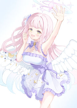 Rule 34 | 1girl, absurdres, angel wings, aqua hair, arm up, armpits, blue archive, blush, bow, breasts, cheriramune, commentary request, crescent, feathered wings, gradient hair, hair bun, halo, highres, low wings, medium breasts, mika (blue archive), multicolored hair, open mouth, pink halo, purple bow, purple eyes, signature, simple background, single hair bun, single side bun, smile, solo, white background, white wings, wing ornament, wings