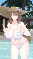1girl 3d animal_ears animated bikini bouncing_breasts breasts hat highres large_breasts outdoors poolside raccoon_ears raccoon_girl raccoon_tail solo straw_hat striped_bikini striped_clothes sun_hat swimsuit tagme tail thick_thighs thighs video vrchat