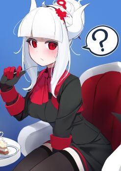 1girl :/ ? absurdres ascot black_gloves black_jacket black_thighhighs blue_background blunt_bangs blush demon_girl demon_horns food frown gloves hand_up helltaker highres horns jacket long_sleeves lucifer_(helltaker) official_alternate_costume red_ascot red_gloves simple_background solo spoken_question_mark tarodqn thighhighs white_horns