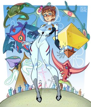 Rule 34 | 1girl, 6+others, angel (evangelion), artist name, bodysuit, breasts, brown hair, bubble bass, creature, crossover, diving suit, full body, highres, israfel (evangelion), man ray (spongebob), mecha pilot suit, monster, multiple others, neon genesis evangelion, parody, patrick star, percodine, plankton (spongebob), plugsuit (evangelion), ramiel (evangelion), sachiel (evangelion), sahaquiel (evangelion), sand, sandy cheeks, shamshel (evangelion), spongebob squarepants, spongebob squarepants (series), squidward tentacles, standing, teeth, underwater, zeruel (evangelion)