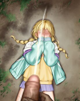 1boy 1girl absurdres blonde_hair blush censored commentary fivoclock fujita_kotone gakuen_idolmaster highres idolmaster jacket lying male_pubic_hair mosaic_censoring on_back open_clothes open_jacket pee peeing penis pov pubic_hair purple_skirt shirt skirt twitter_username yellow_shirt