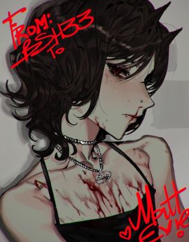 1girl bags_under_eyes bansheeiso black_hair black_tank_top blood blood_on_face blood_splatter commentary commission english_commentary face_piercing fang hair_horns head_tilt highres jewelry looking_at_viewer necklace nose_piercing nosebleed original piercing red_eyes short_hair solo spaghetti_strap tank_top