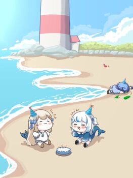 3girls :3 ahoge animal animal_costume birthday_cake blonde_hair blue_hair blue_hoodie blunt_bangs bottle bow cake crab design_speculation drunk ebi-chan_(gawr_gura) fins fish_girl fish_tail food gawr_gura gawr_gura_(1st_costume) hair_bow hair_ornament hat highres hololive hololive_english hood hoodie indie_virtual_youtuber kaniki_(sameko_saba) long_hair medium_hair multicolored_hair multiple_girls open_mouth party_hat rinfocer sameko_saba senzawa shark_costume shark_girl shark_hair_ornament shark_print shark_tail shirt short_hair skirt smile star_(symbol) star_hair_ornament streaked_hair tail virtual_youtuber voice_actor_connection
