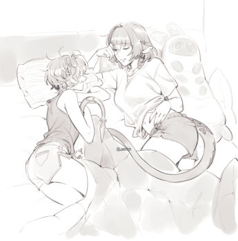 2girls animal_ears belle_(zenless_zone_zero) greyscale hand_on_own_hip highres jane_doe_(zenless_zone_zero) maiqo monochrome mouse_ears mouse_girl mouse_tail multiple_girls on_bed one_eye_closed parted_lips pillow short_hair smile tail tail_around_arm tank_top under_covers yuri zenless_zone_zero