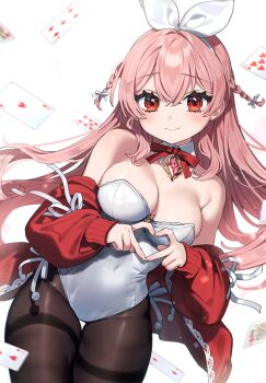 Rule 34 | 1girl, absurdres, armpit crease, atelier live, bare shoulders, black pants, blush, bow hairband, braid, breasts, brooch, card, cardigan, closed mouth, covered navel, cowboy shot, crossed bangs, curvy, detached collar, diamond (shape), double-parted bangs, fine fabric emphasis, four-finger heart hands, gem, guest art, hair ribbon, hairband, heart, heart hands, highleg, highleg leotard, highres, jewelry, lace-trimmed cardigan, lace trim, large breasts, leotard, long hair, long sleeves, motion blur, neck ribbon, off shoulder, open cardigan, open clothes, pants, pantyhose, pink hair, pinku (vtuber), playboy bunny, playing card, puffy long sleeves, puffy sleeves, red cardigan, red eyes, red gem, red ribbon, ribbon, ribbon-trimmed sleeves, ribbon trim, sakura yuki (clochette), shiny clothes, shiny legwear, shiny skin, side-tie leotard, side braids, simple background, smile, solo, standing, strapless, strapless leotard, thigh gap, thighband pantyhose, thighs, third-party source, two side up, very long hair, virtual youtuber, white background, white hairband, white leotard, white ribbon, wing collar