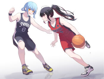 Rule 34 | 2girls, alternate costume, alternate hairstyle, ball, basketball, basketball (object), basketball jersey, basketball uniform, black hair, black shorts, black tank top, blue hair, braid, braided hair rings, commentary request, floating hair, full body, hair rings, hand up, kotetsu 080, long hair, mahou shoujo no majo saiban, multiple girls, nikaido hiro, open mouth, playing sports, ponytail, red eyes, red shorts, red tank top, shoes, short hair, shorts, smile, sneakers, sportswear, standing, standing on one leg, tachibana sherry, tank top, wristband, yellow shoes