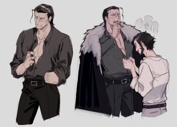 3boys amputee armless_amputee bare_pectorals beard belt belt_buckle black_cape black_hair black_pants black_shirt buckle buggy_the_clown cape cheseely cigar clenched_teeth closed_eyes collared_shirt commentary crocodile_(one_piece) cropped_legs dracule_mihawk english_commentary facial_hair fur-trimmed_cape fur_trim grey_background hair_slicked_back highres holding holding_cigar male_focus missing_limb multiple_boys multiple_views one_piece pants partially_open_shirt pectorals scar scar_on_face shirt shirt_tucked_in short_hair teeth white_fur white_shirt