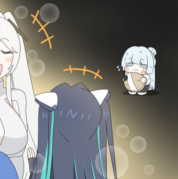 +++ 3girls :3 absurdres aqua_hair armpit_cutout black_gloves black_hair blue_haori blunt_bangs bodysuit chibi cinderella_(nikke) cleavage_cutout closed_eyes clothing_cutout colored_eyelashes colored_inner_hair commentary_request cone_hair_bun dirty dirty_face double_bun fingerless_gloves flying_sweatdrops gloves goddess_of_victory:_nikke hair_bun hair_intakes haori hat highres holding holding_unworn_clothes holding_unworn_hat japanese_clothes jingasa korean_commentary little_mermaid_(nikke) long_hair mini_person minigirl mismatched_pupils monk multicolored_hair multiple_girls nayuta_(nikke) open_mouth pangtanto talking thick_eyelashes twintails unworn_hat unworn_headwear very_long_hair white_bodysuit white_gloves white_hair