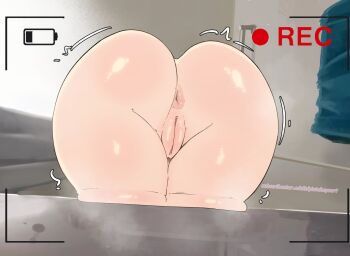 1girl anus ass ass_focus bathroom bathtub cleft_of_venus commentary curtains english_commentary from_below hatsune_miku highres motion_lines nude piutahayo pussy recording shiny_skin solo steaming_body subscribestar_username towel_rack trembling uncensored viewfinder vocaloid